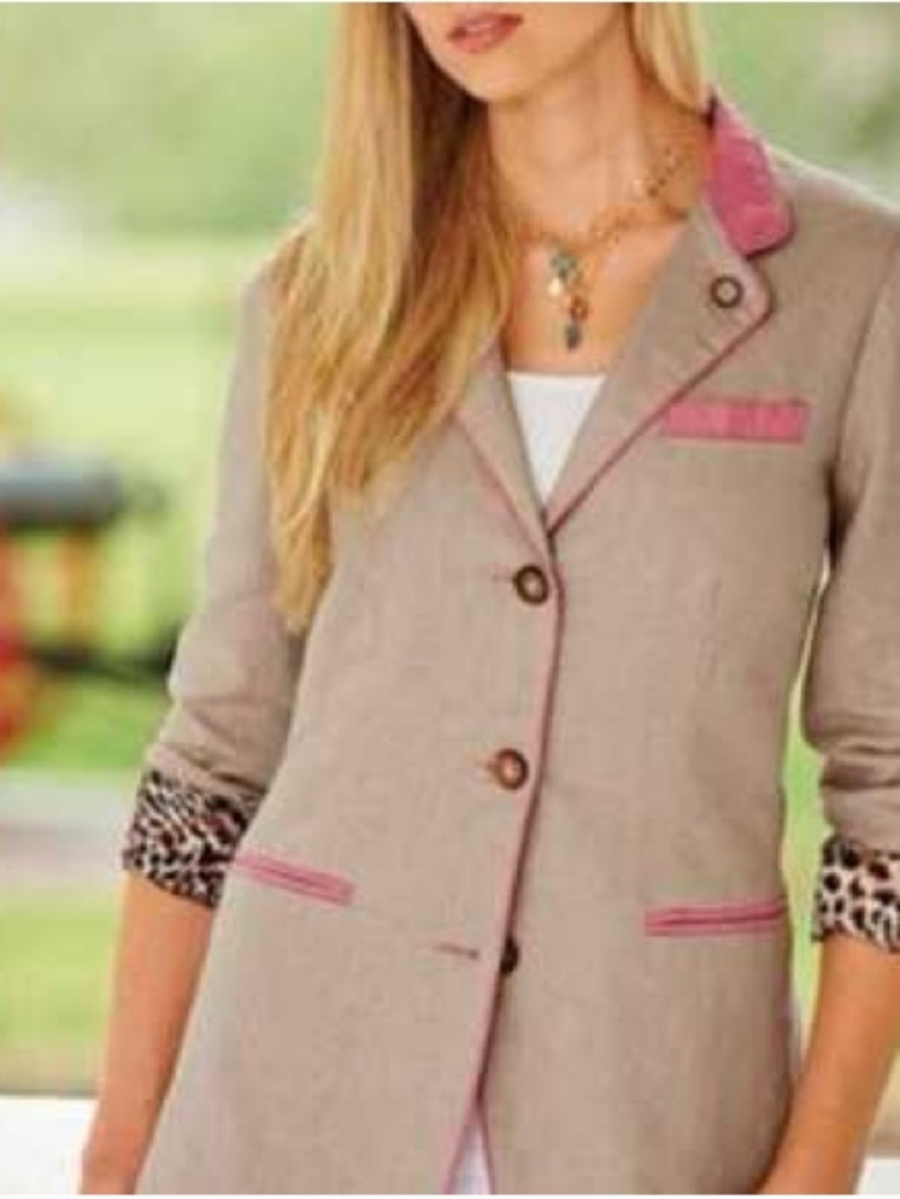 King Ranch Linen Blend Pink Contrast Trim Leopard Lined Blazer Small